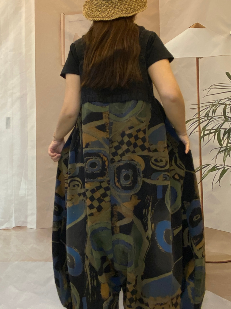 Geometric Print Denim Dungarees With Curved Hip Pockets