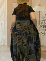Geometric Print Denim Dungarees With Curved Hip Pockets