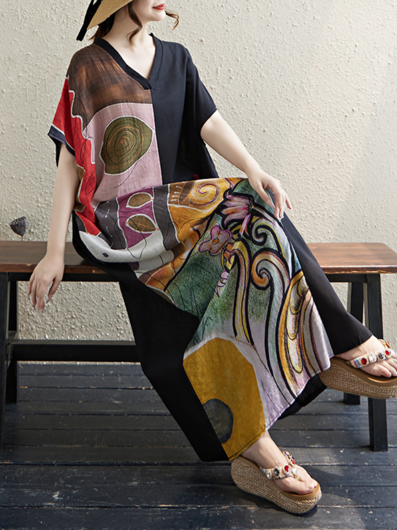 Women's Summer Trendy Front Large Pockets Printed Kaftan Dress