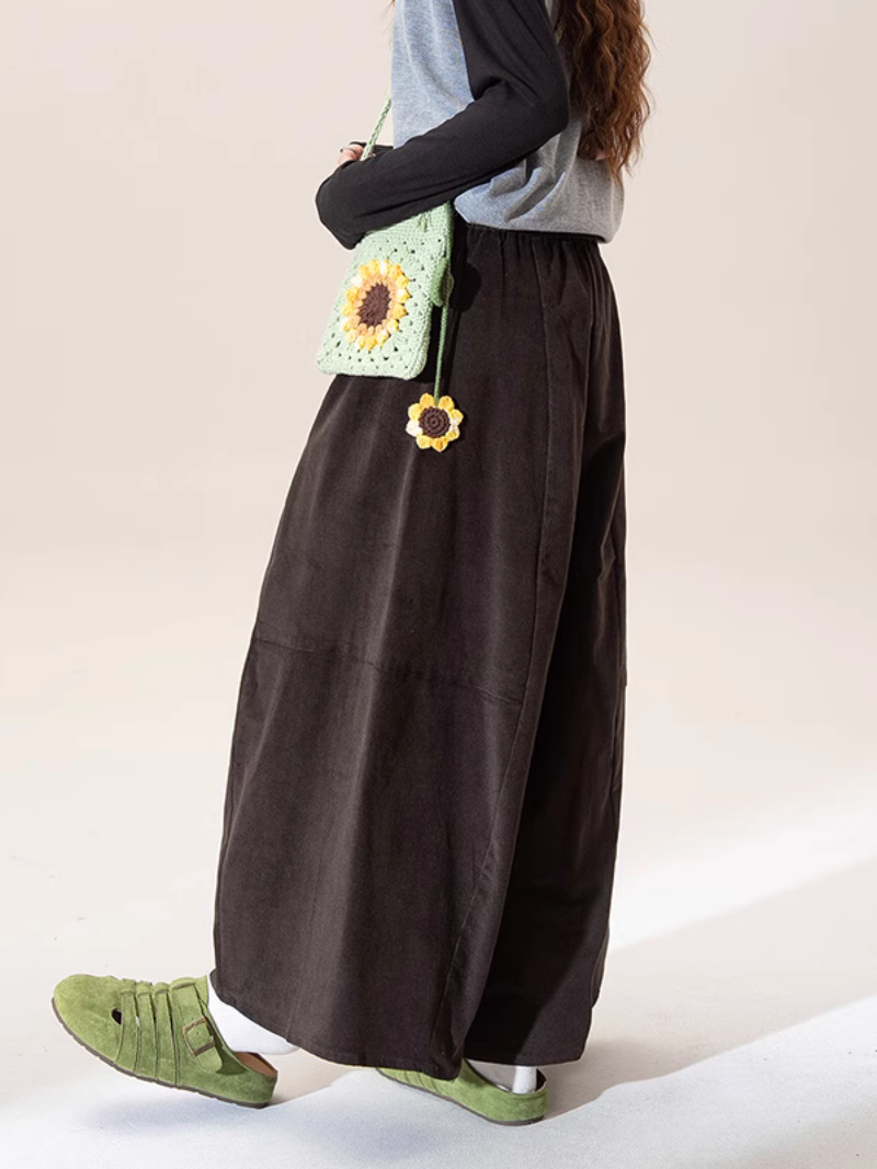 Corduroy Wide-Leg Palazzo Pants with Soft Pleats, Effortlessly Elegant Trousers