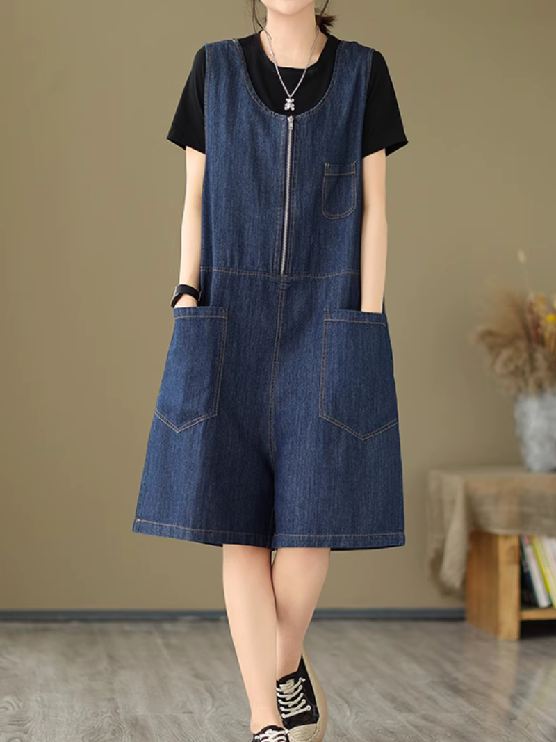 Women's Looose Fit Denim Dungaree Shorts with Zip Front