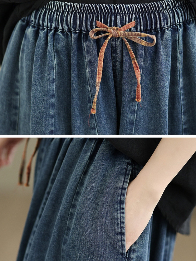 Vintage Denim Cotton Balloon Culotte Pants with Elastic Waist and Pockets