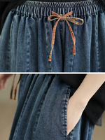 Vintage Denim Cotton Balloon Culotte Pants with Elastic Waist and Pockets