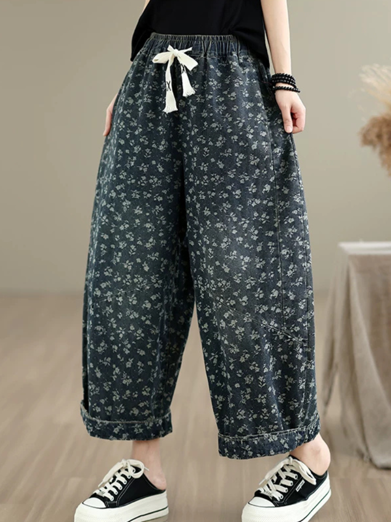 Floral Denim Cotton Wide-Leg Culottes with Tassel Drawstring Women's Pants