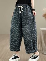 Floral Denim Cotton Wide-Leg Culottes with Tassel Drawstring Women's Pants