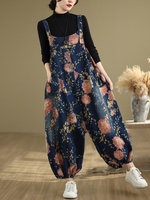 Loose Fit Floral Women's Dungarees with Elastic Cuffs