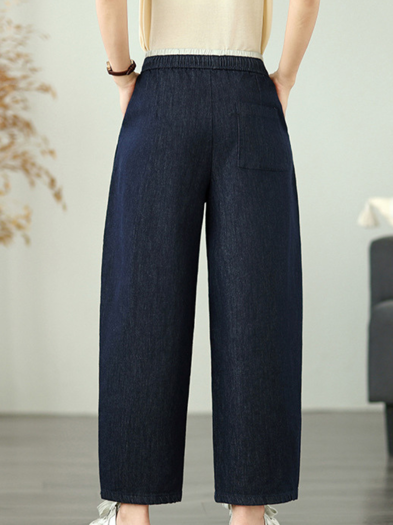 Relaxed Tapered Women's Denim Pants in Cotton with Drawstring Waist