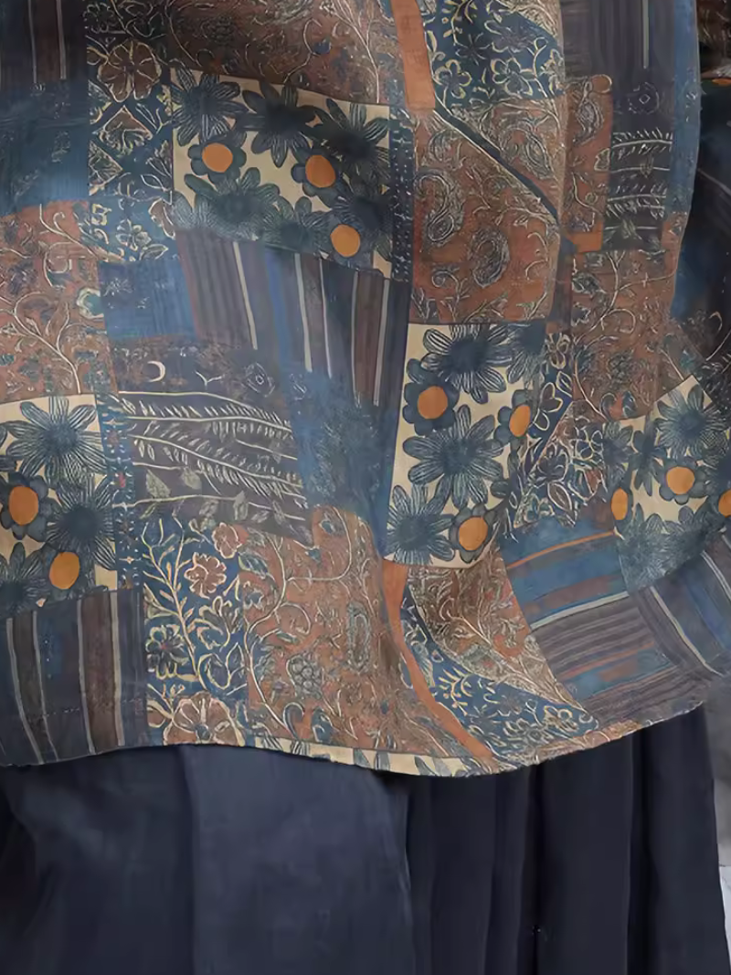 Artful Patchwork Oversized Tunic Blouse in Rayon Blend, Boho Chic