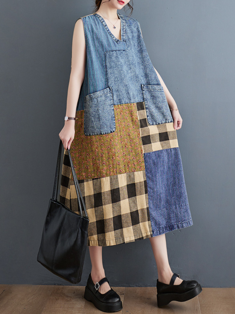 Artful Weekend Patchwork Denim Midi Dress — Relaxed, Flattering Ease with Pockets