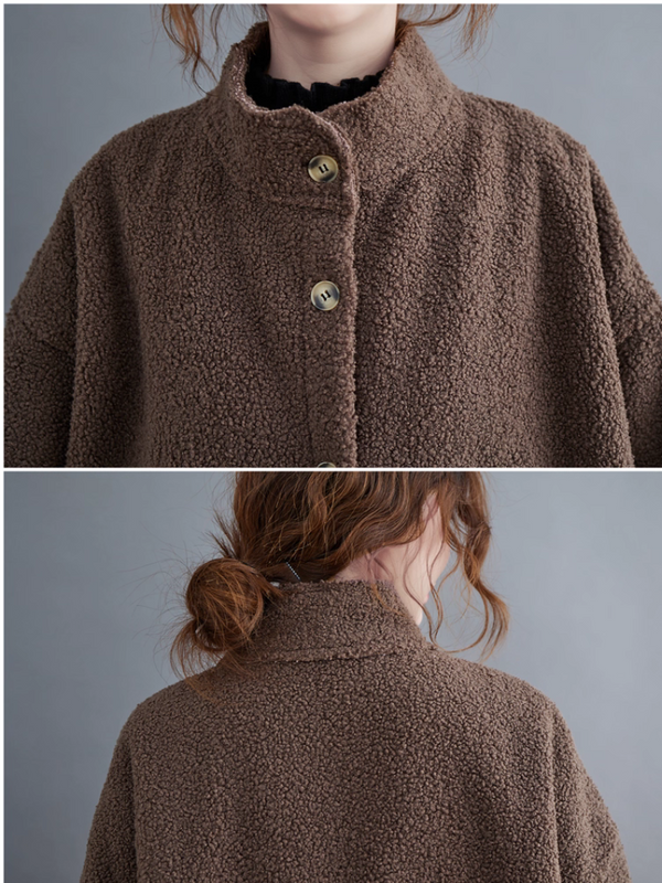Oversized Lambskin Shearling Coat with Stand Collar and Contrast Patch Pockets