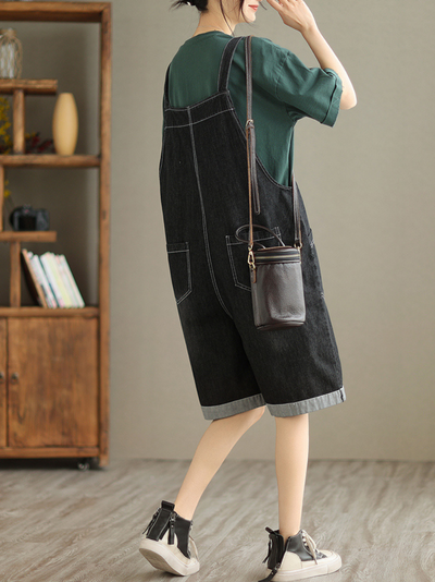 Women's Black Denim Short Dungarees
