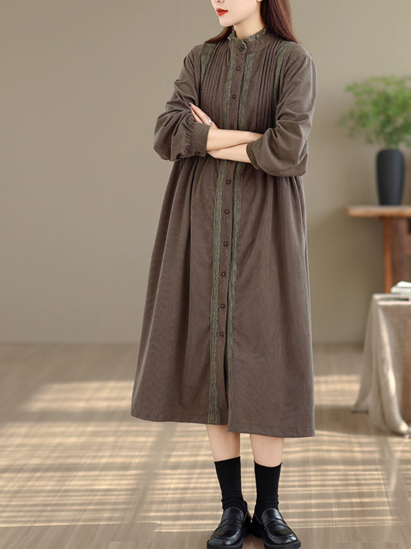 Vintage corduroy dress with stand collar and buttons, artful everyday ease