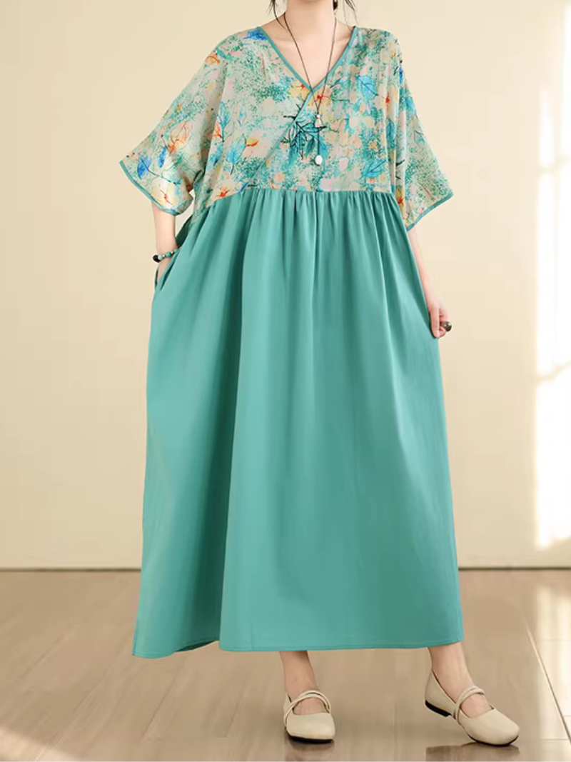 Artful Floral-Bodice V-Neck Maxi Dress in Breezy Viscose Blend Elegance