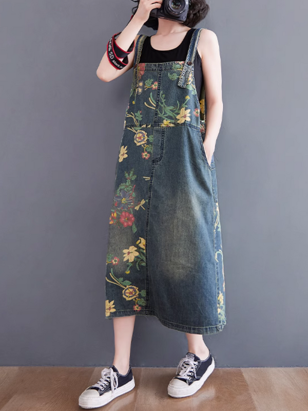 Loose Fit Women's Floral Denim Overalls for Summer