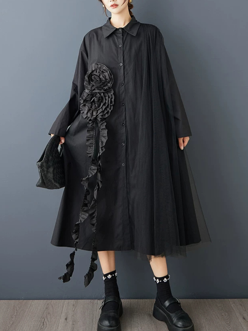 Confidence in Motion Shirt Dress — Flowy Mesh with Sculptural Rosette