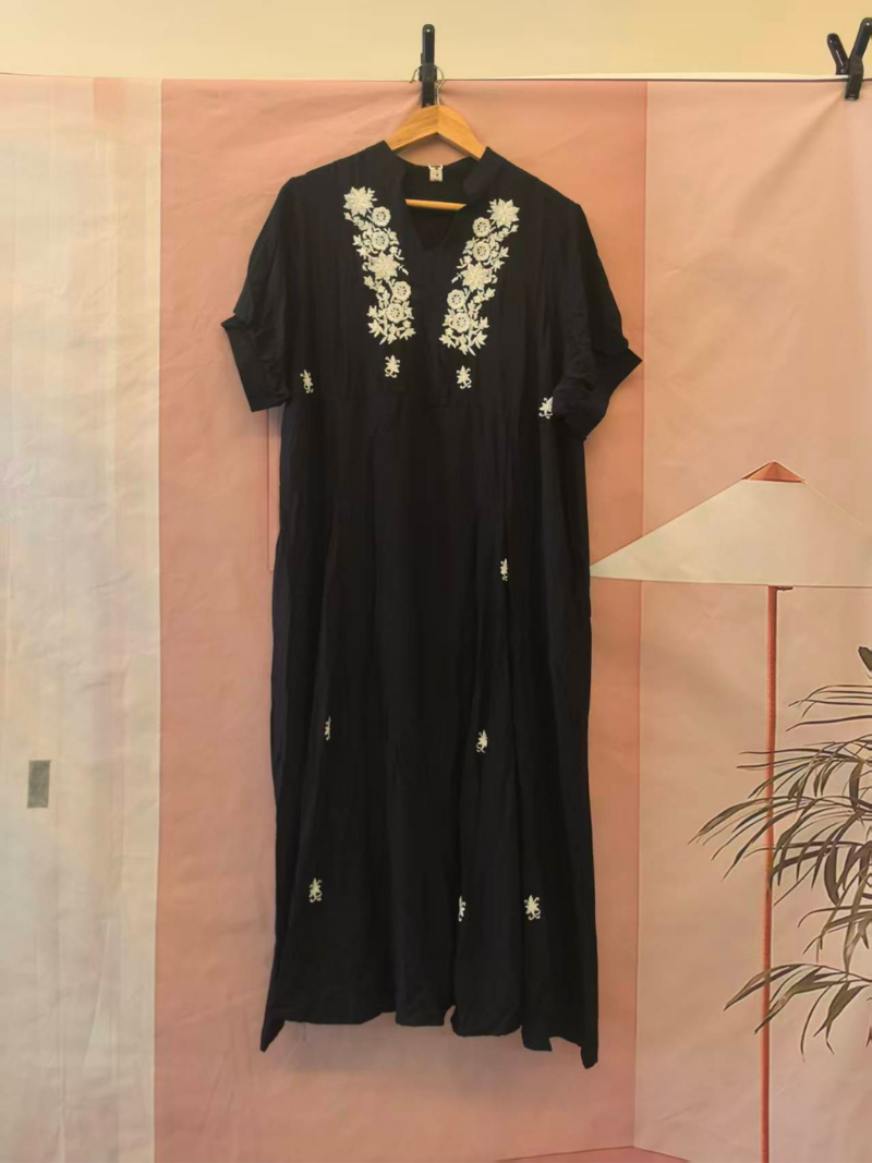 Women's Flower Embroidered Trumpet Sleeves A-Line Dress