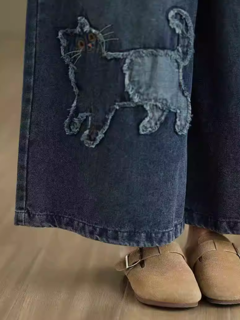 Artisanal Denim Cotton Culottes with Drawstring Waist and Whimsical Appliqué