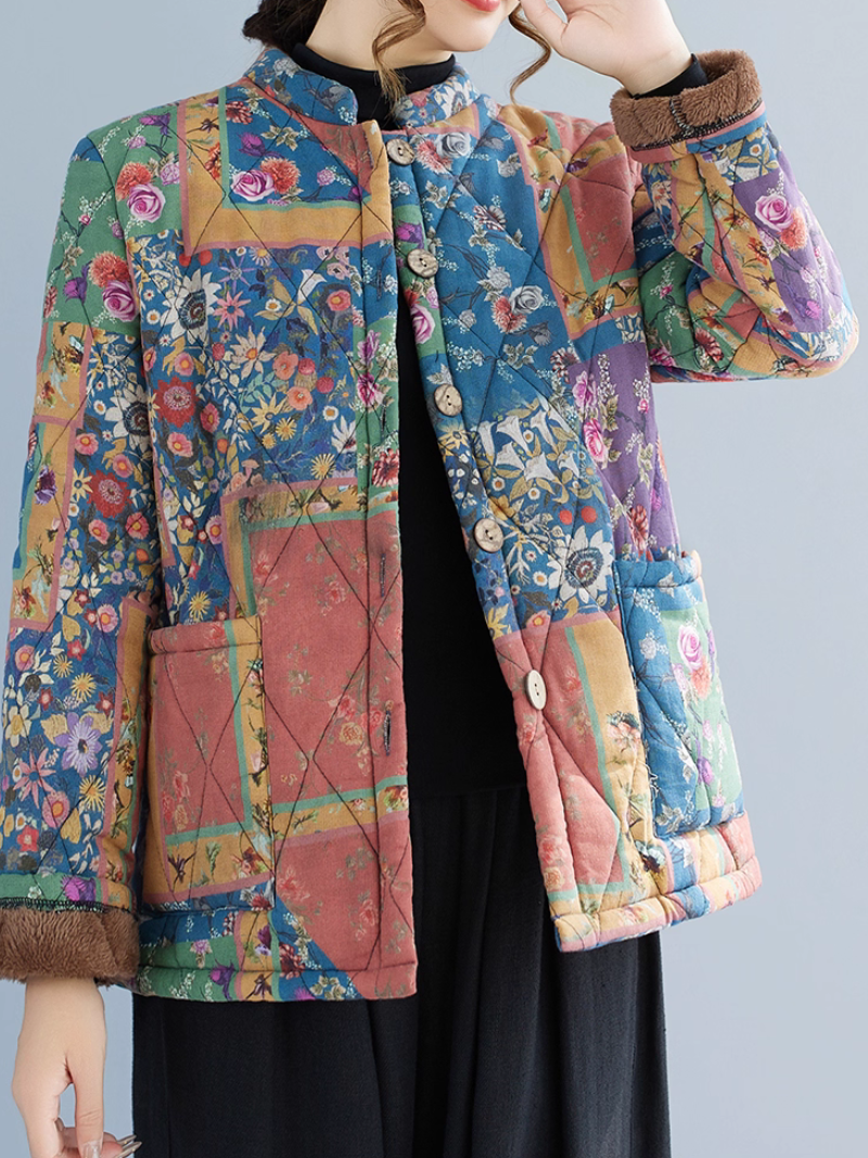 Retro patchwork quilted jacket with plush lining, chic winter coat