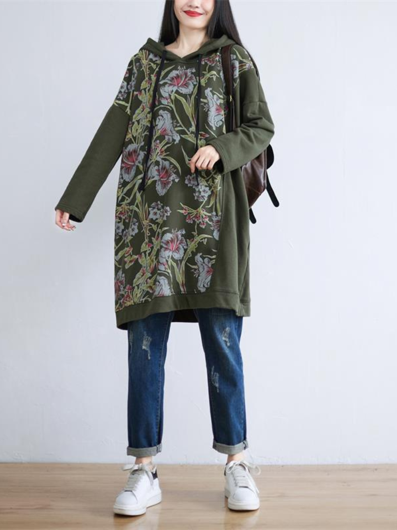 Women's Cool & Stylish Printed Mid-Length Side Pockets Hooded Dress