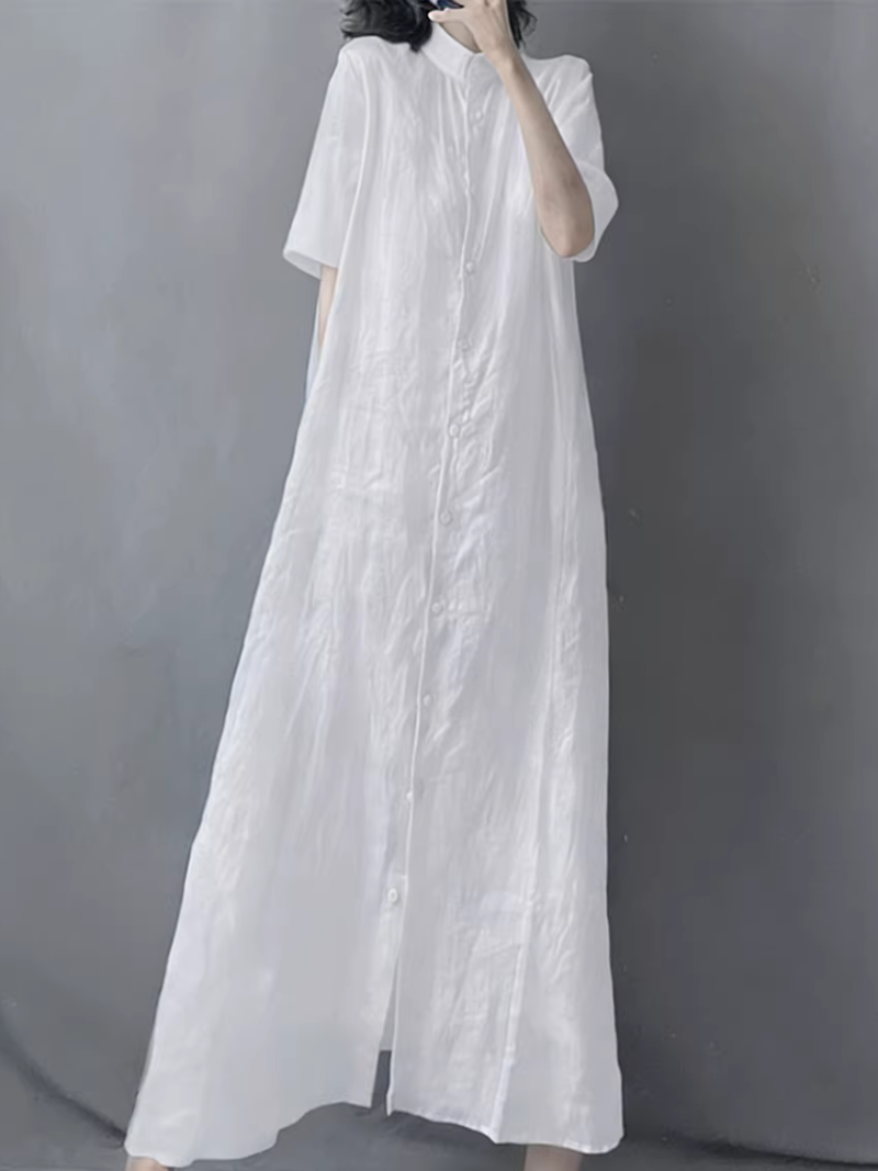Serene Cotton-Linen Button-Front Maxi Shirt Dress with Mandarin Collar