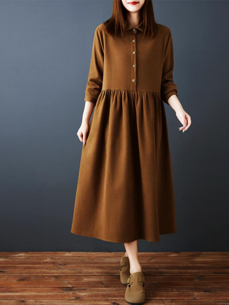 Elegant A-Line Shirt Dress with Gathered Skirt, Spandex Comfort Midi