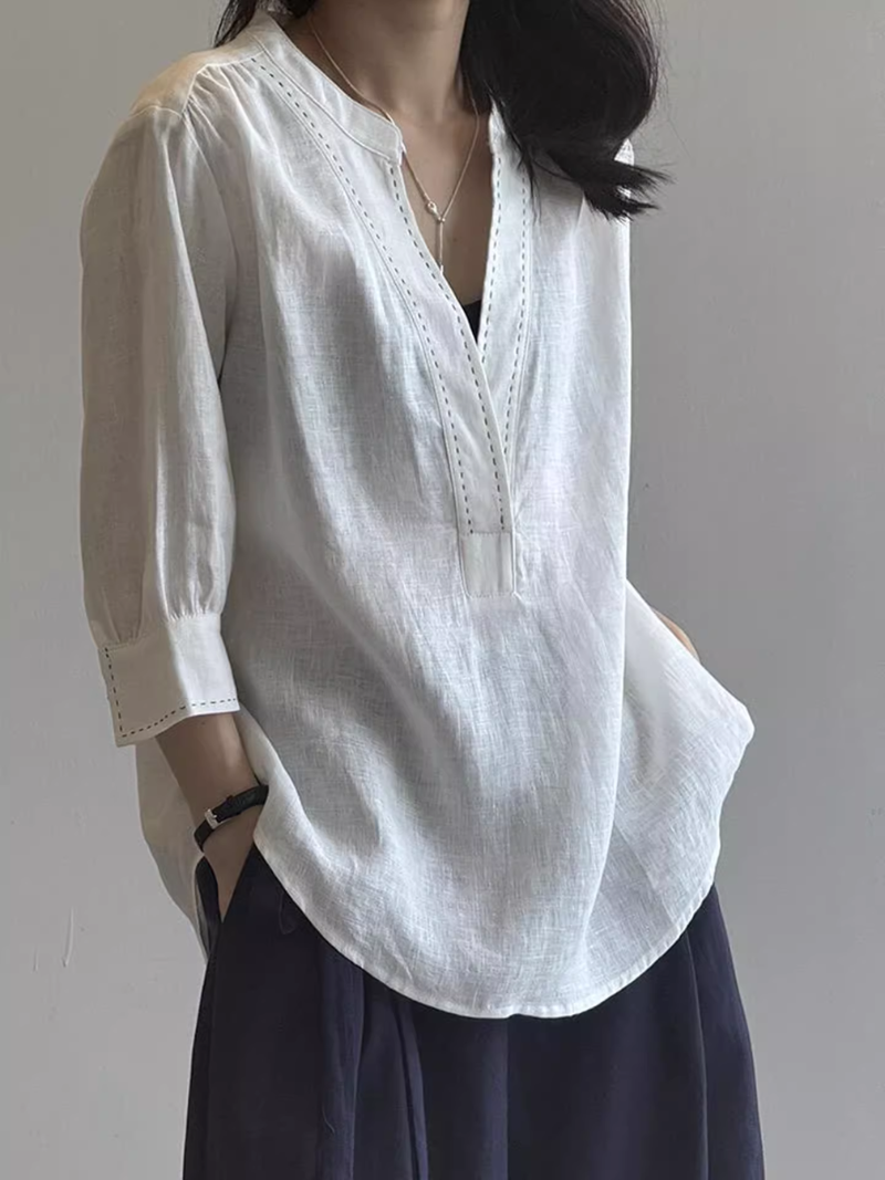 Notched Neck Cotton-Linen Blouse with 3/4 Sleeves