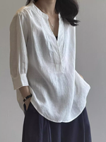 Notched Neck Cotton-Linen Blouse with 3/4 Sleeves