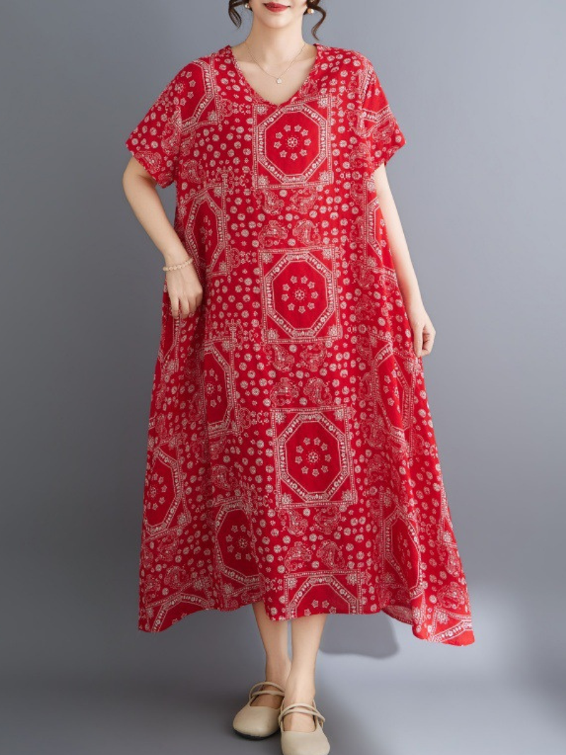 Bandana Mosaic Printed Cotton Relaxed Midi Dress with Soft Drape