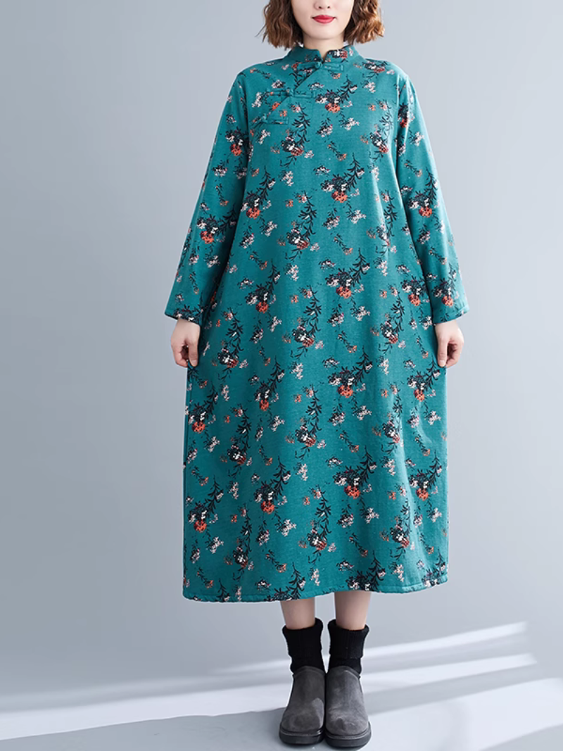 Women's Stylish Slanted Lapel Floral Over the Knee A-Line Dress