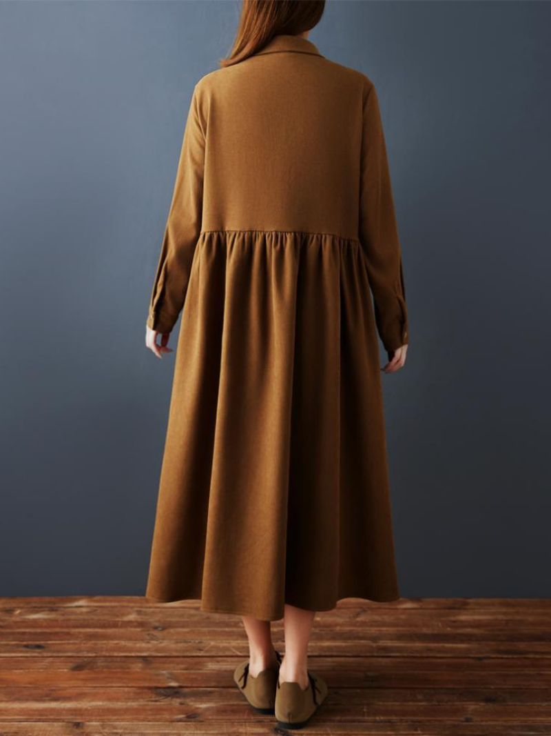 Elegant A-Line Shirt Dress with Gathered Skirt, Spandex Comfort Midi