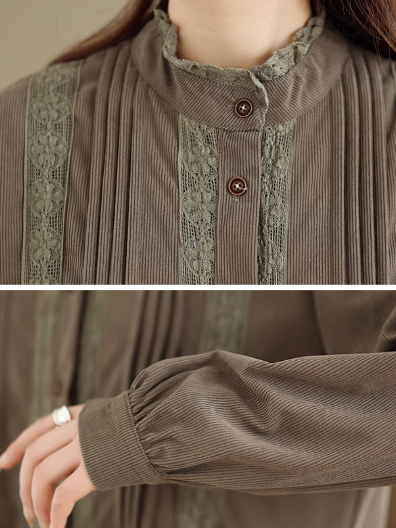 Vintage corduroy dress with stand collar and buttons, artful everyday ease