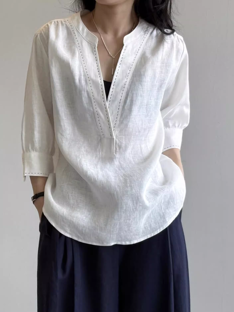 Notched Neck Cotton-Linen Blouse with 3/4 Sleeves