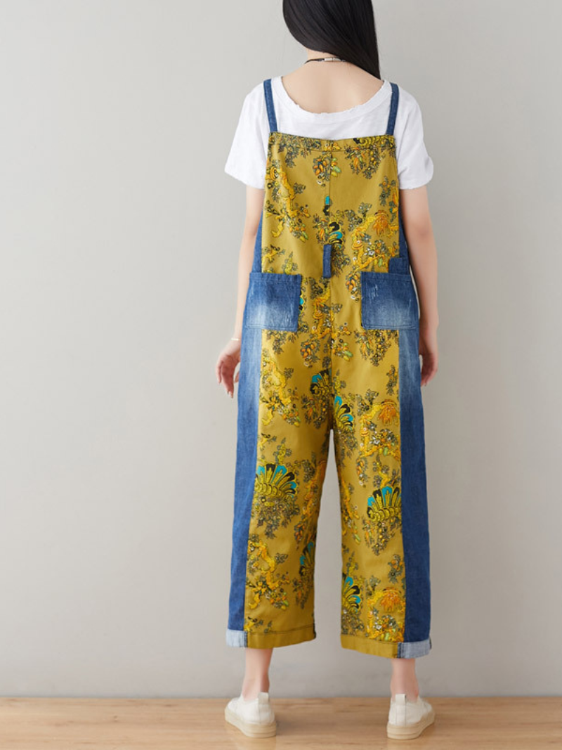 Women's Comfortable Printed Front and Back Pockets Dungarees