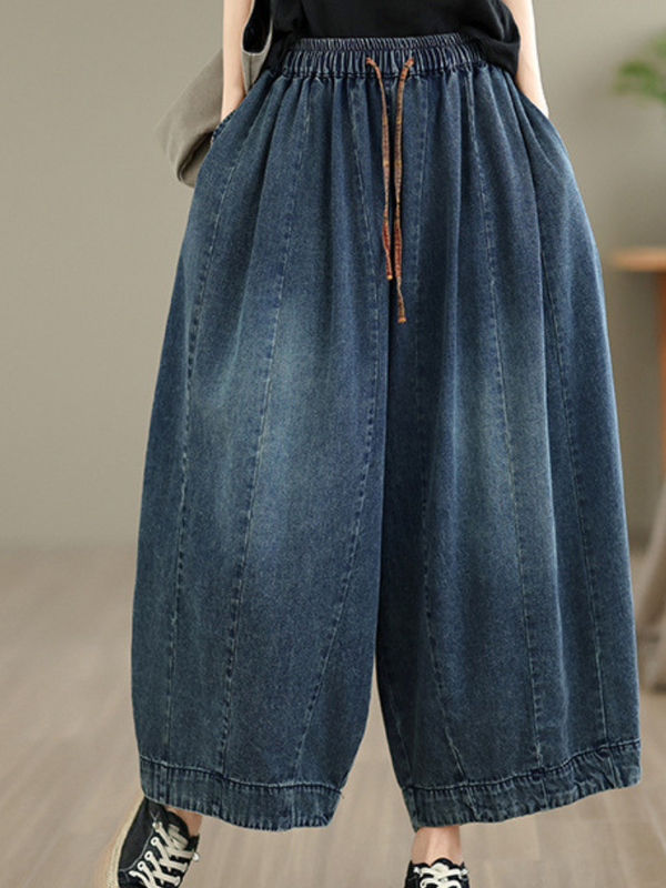 Vintage Denim Cotton Balloon Culotte Pants with Elastic Waist and Pockets