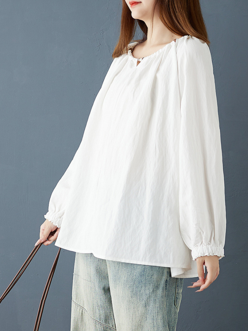 Cotton-Linen Peasant Blouse with Ruffled Cuffs for Effortless Summer Style