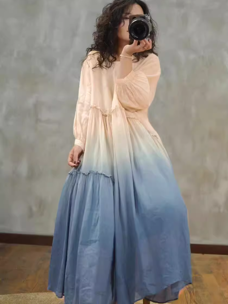 Ombre Ramie Maxi Dress with Gathered Tiers and Poet Sleeves