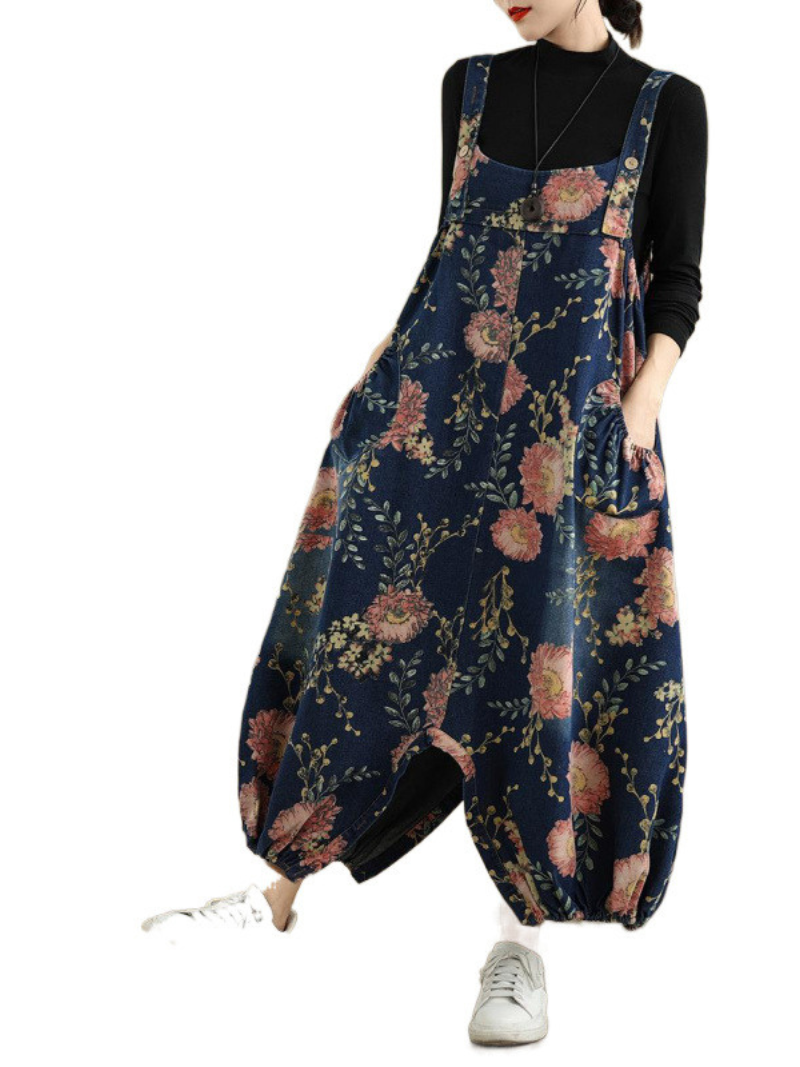 Loose Fit Floral Women's Dungarees with Elastic Cuffs