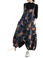 Loose Fit Floral Women's Dungarees with Elastic Cuffs