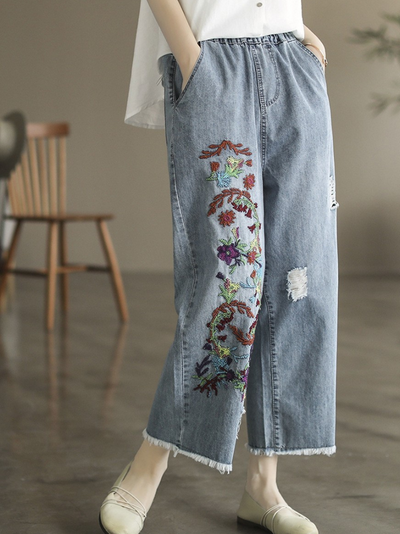 Women's Loose Raw Edge Embroidered Straight Pants Bottom