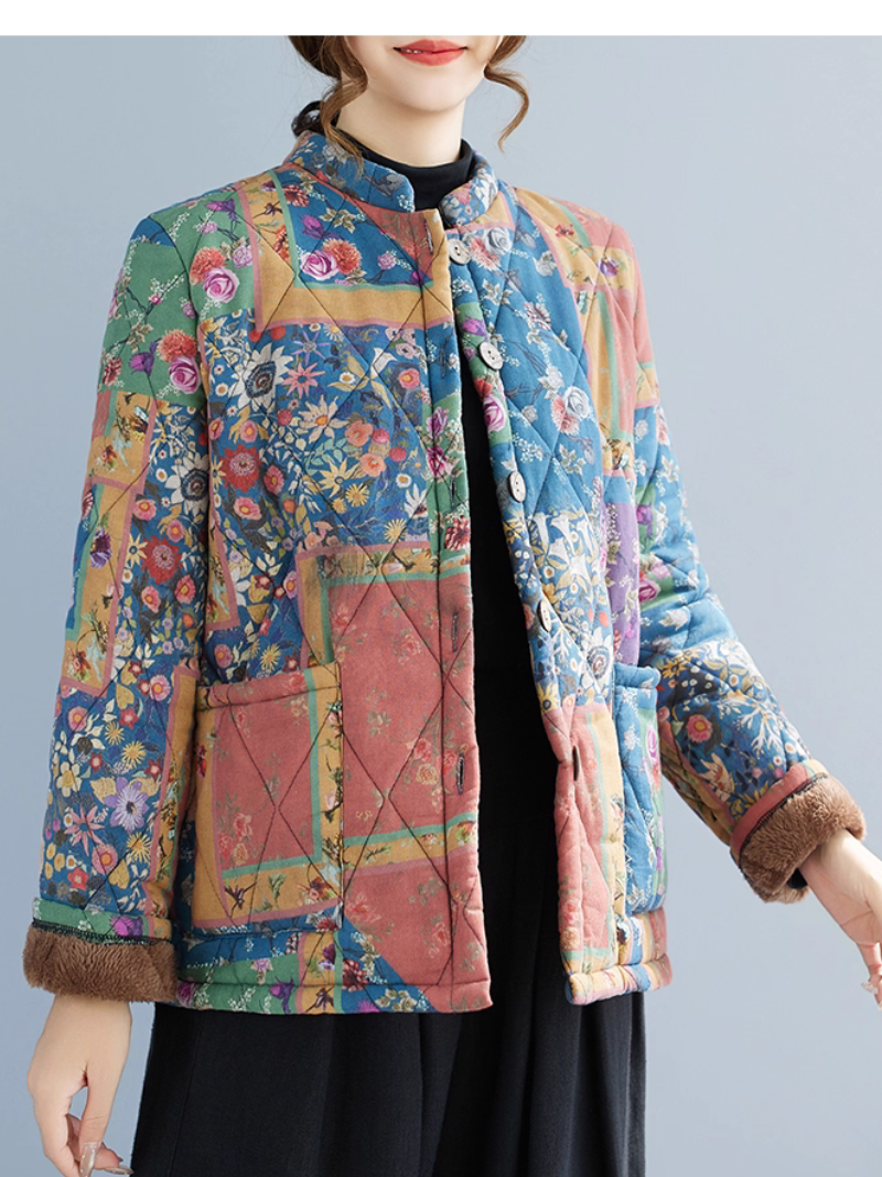 Retro patchwork quilted jacket with plush lining, chic winter coat