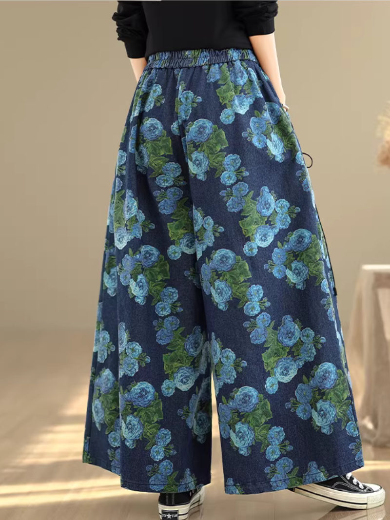 Floral Denim Cotton Wide-Leg Palazzo Pants with Elastic High Waist