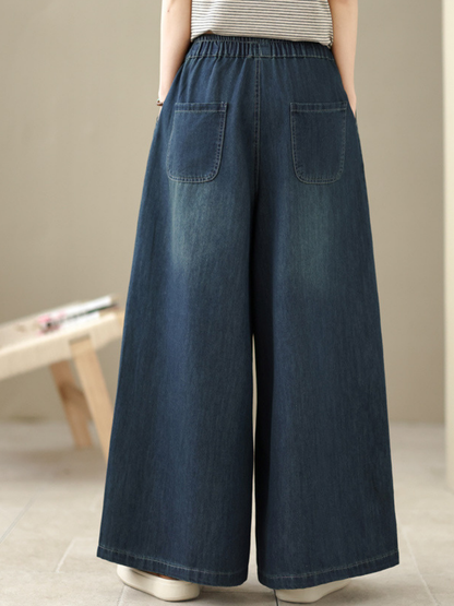 Embroidered Wide-Leg Denim Cotton Palazzo Pants with Elastic Drawstring Waist