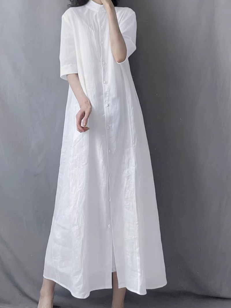 Serene Cotton-Linen Button-Front Maxi Shirt Dress with Mandarin Collar