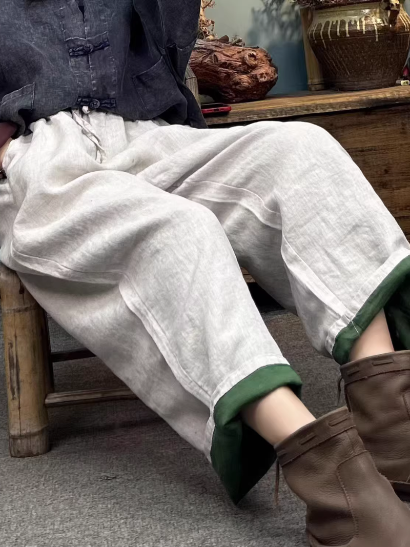 Relaxed Cotton Linen Pants with Tapered Cuffs, Artisanal Women's Trousers