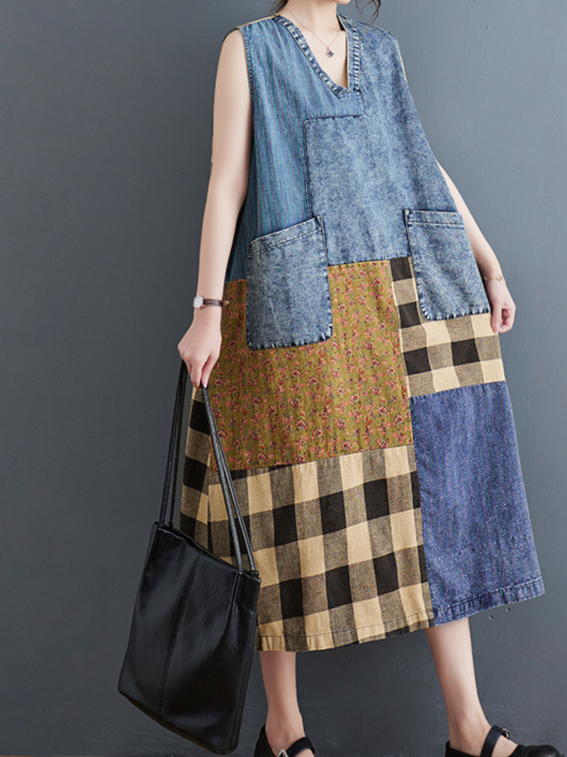 Artful Weekend Patchwork Denim Midi Dress — Relaxed, Flattering Ease with Pockets