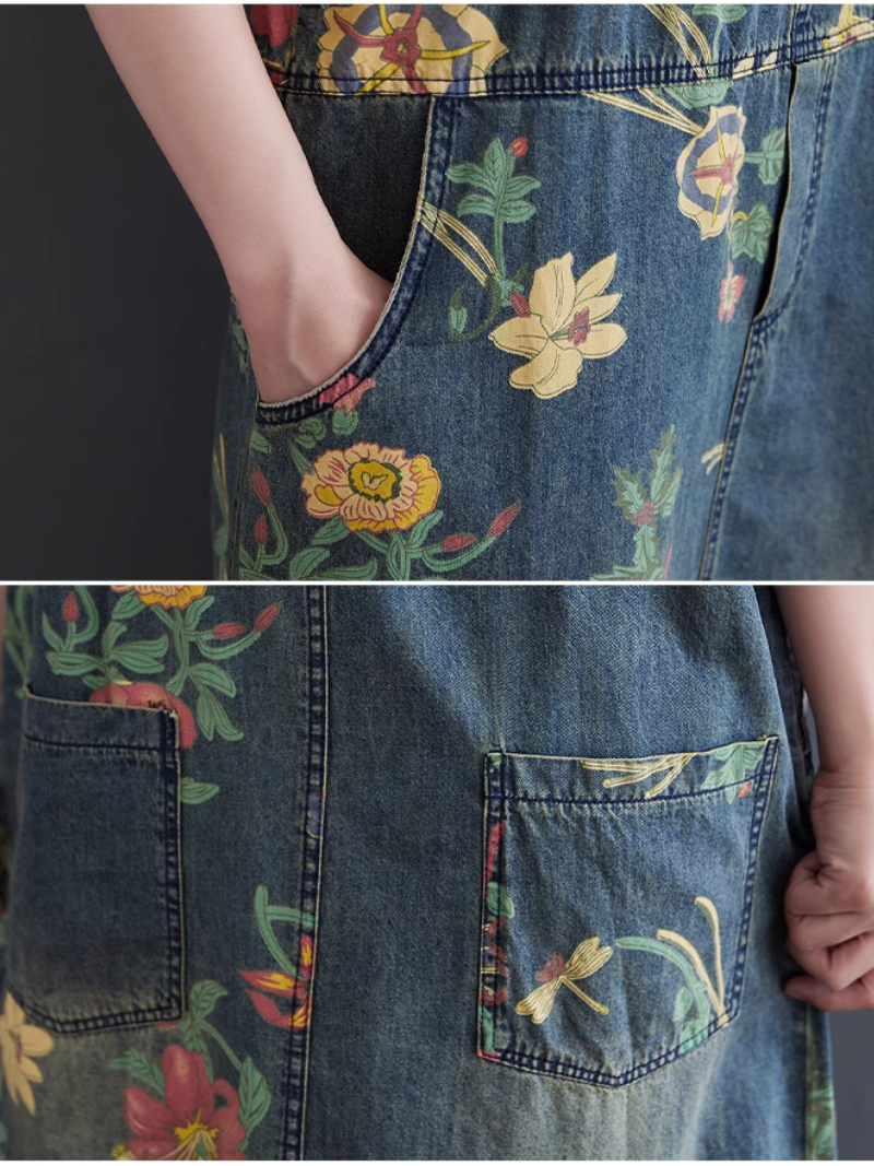 Loose Fit Women's Floral Denim Overalls for Summer