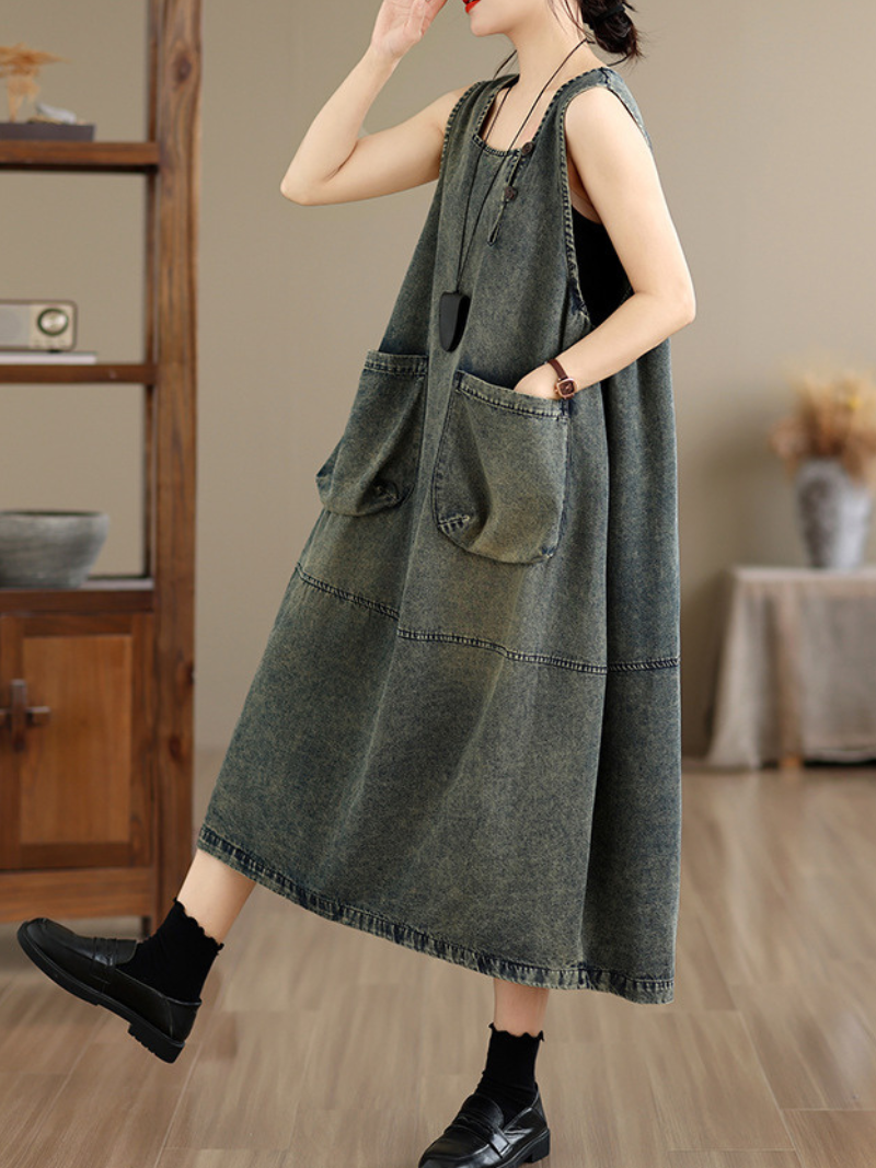 Artisan Denim Cotton Pinafore Midi Dress with Sculpted Pockets