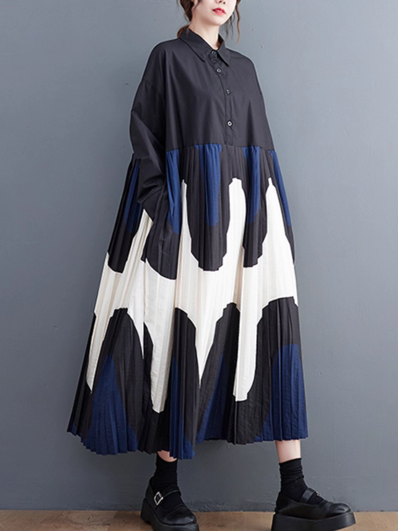 Abstract Pleated Shirt Dress Maxi with Collar, Artful Movement and Poise