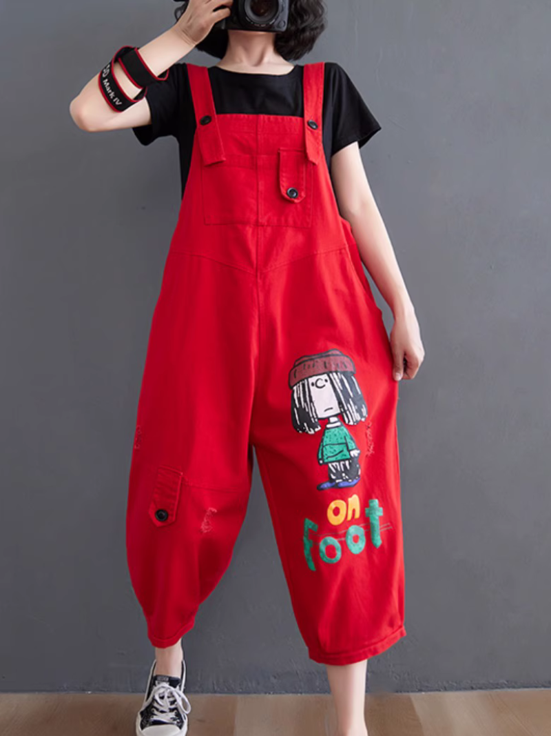 Women's Casual Cool Cartoon Printed Ripped Dungarees
