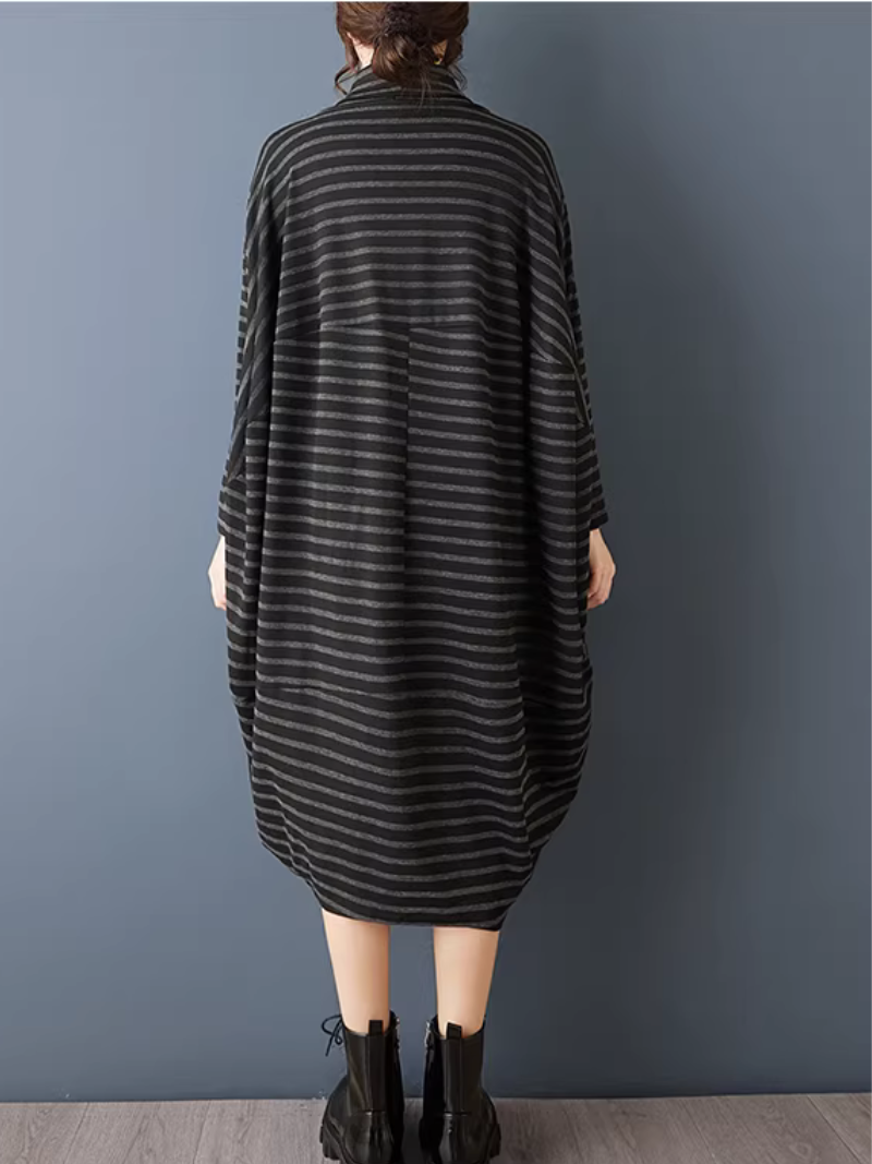 Chic Oversized Striped Cowl-Neck Tunic Dress in Cotton Knitted Fabric